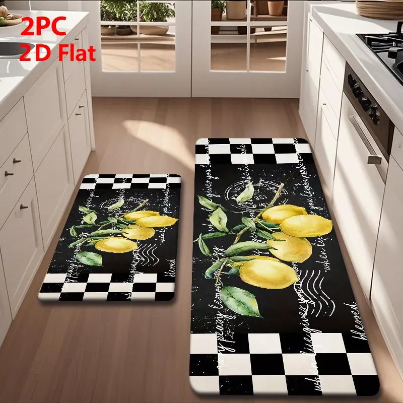 2pcs/3pcs Flannel Kitchen Mat Set, Base with Hand-Drawn Lemon Branch, Vintage Checkered Border, Non-Slip, Kitchen Floor Mats