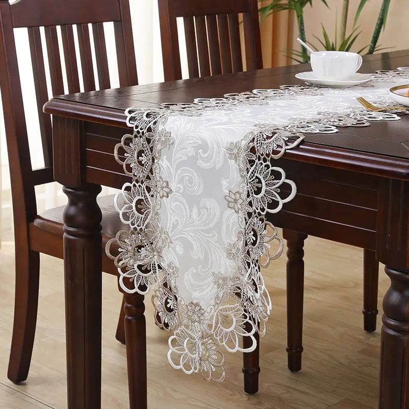 1pc Double Color Water-Soluble Lace Table Runner, Waterproof Polyester Fabric, Dustproof Cabinet Cover, Kitchen Dining Table Mat, Indoor Decoration, Versatile Use