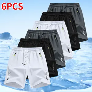 Pack of 6 men’s casual athletic shorts with side zipper pockets and an elastic drawstring waistband; suitable for outdoor sports, fitness, and running. Men’s shorts, menswear, summer shorts, summer clothing.
