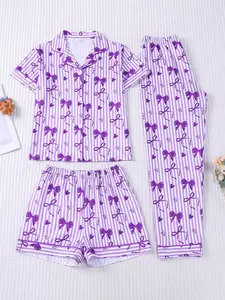 3-piece toddler set with full-body pink and white fine stripe heart bow pattern print short-sleeved shorts and pants, soft and comfortable, round-neck design, elastic waistband, ideal for home daily leisure children's sleepwear set