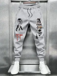 Men's Gothic Skull Design Casual Workwear Pants, Simple Star Print, Thick Comfortable Warm Fabric, Fall & Winter Outdoor Leisure Long Pants