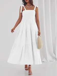 Women's Summer Tie Back Strap Adjustable Dress French Plain Color Lined Long Dress Essential for Vacation, Stylish and Comfortable Fashion Womenswear