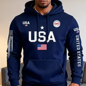 Trendy USA Graphic Hoodie for Men Multi-color Loose Fit Sports Hooded Top with American Flag Detail
