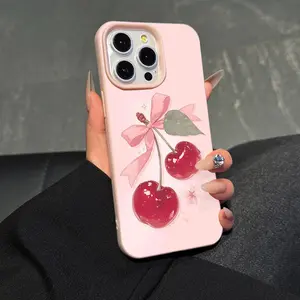 1 piece faux leather texture pink phone case with delicious cherry pattern, stain-resistant, high-end phone case for iPhone series.