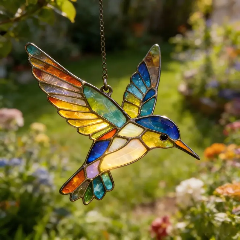 Handcrafted Multicolor Hummingbird Stained Glass, Sweet Gift Partner, Warm Prism Light Art, Vintage Nature Decor, Rustic Home Office Zones