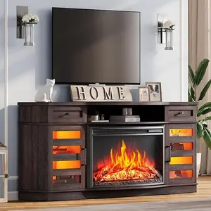 【Ships in 2 Boxes】AMERLIFE 70" Curved Fireplace TV Stands with 36'' Electric Fireplace, Farmhouse LED Entertainment Center for TVs up to 80'' with Adjustable Shelves
