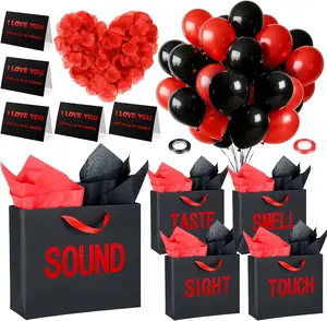 5 Senses Gift Bags for Him, Five Senses Black Red Gift Bags with Rose Petals Balloon, Gifts Decoration Bag for Birthday Wedding Anniversary Graduation Decorations, Mother's Day (Red,12.6 x 8.7 x 4 Inch)