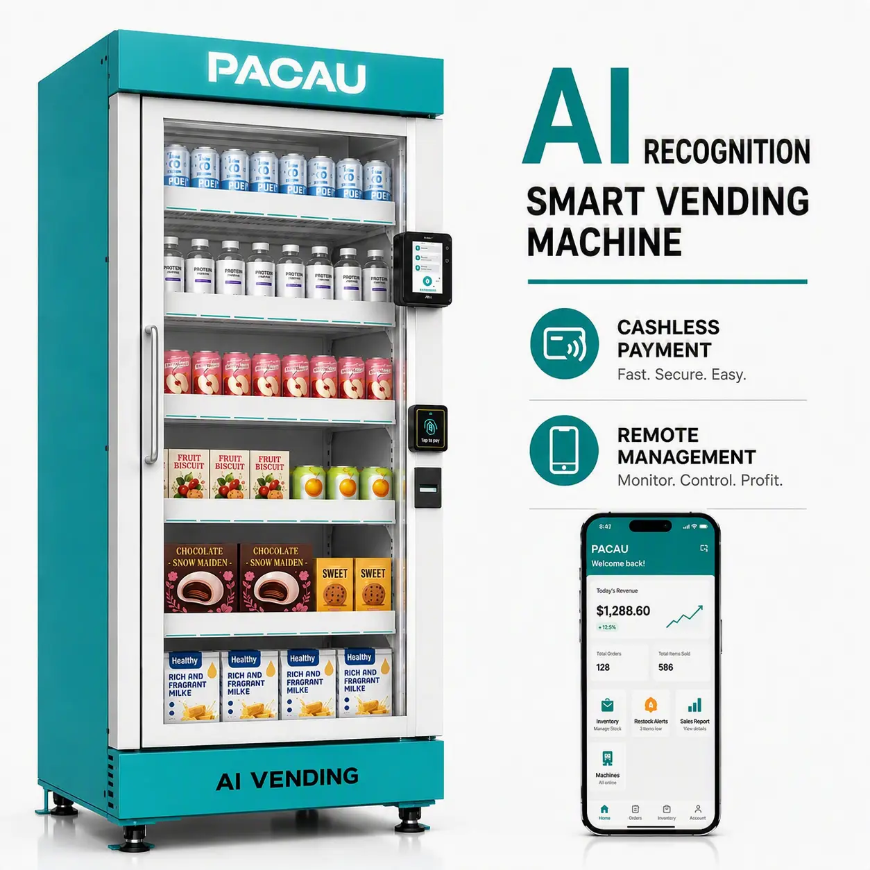 AI Smart Vending Machine , 570L Commercial Refrigerated Vending Machine, Cashless Payment, Remote Inventory Tracking & Restock Alerts for Business，with Card Reader