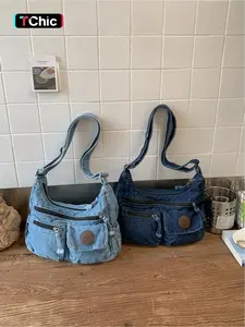 Large capacity casual versatile crossbody bag with multiple pockets, denim shoulder bag, vintage style, fashion trend, mailman bag, stylish, comfortable, soft fabric handbag, work, shopping, commuting bag