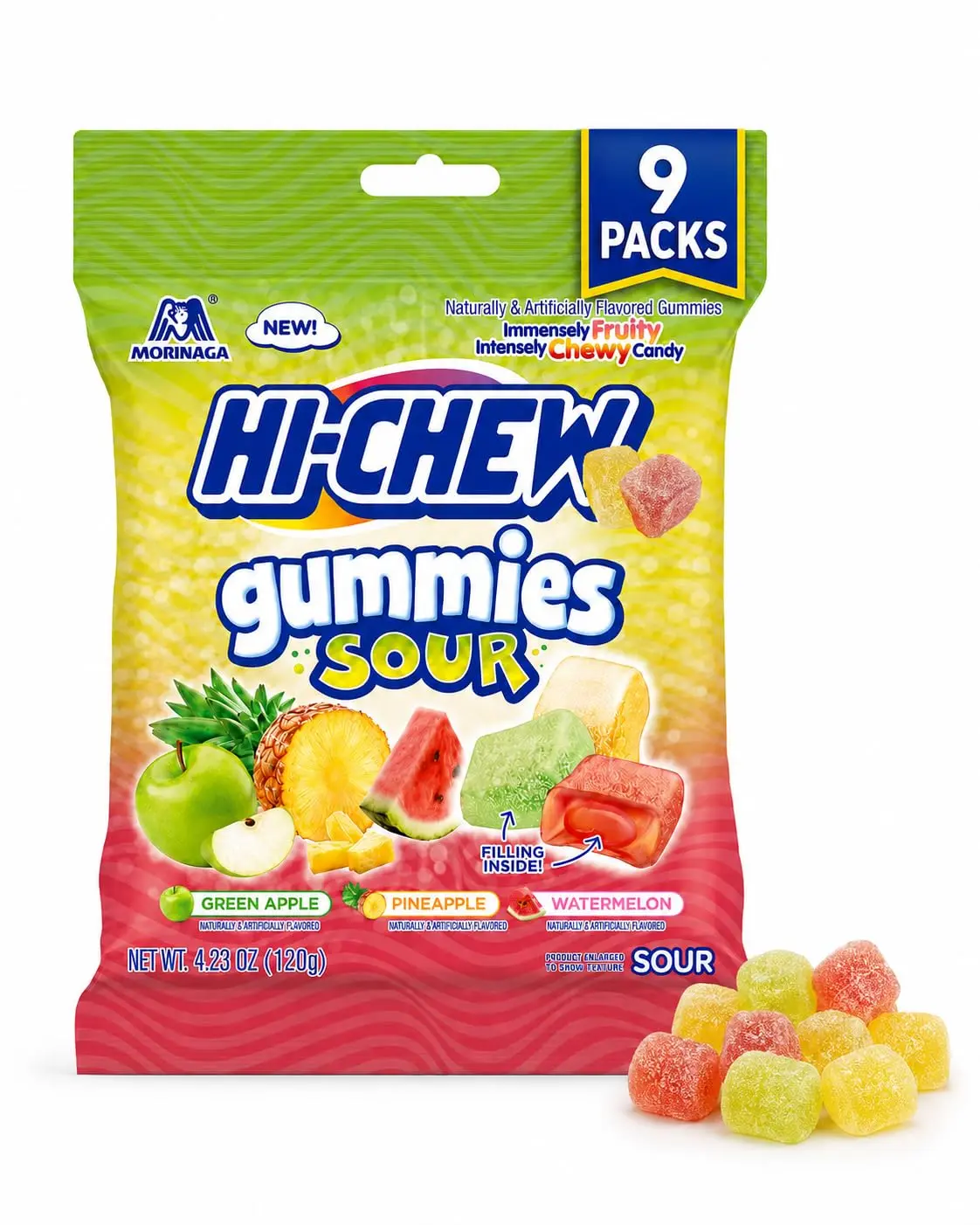 Hi-Chews Gummy Candy, 9 Bags, Soft Chew Fruit Candy for Snacking and Sharing, Green Apple Pineapple Watermelon Flavors, Gluten Free Sweet and Sour Gummies Candies