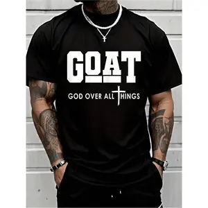 Large size goat god supreme fun Jesus Christian printed T-shirt, short-sleeved crew neck casual top, suitable for all seasons, men's size S-3XL simple and loose version T-shirt, breathable fabric, light and soft, plus size