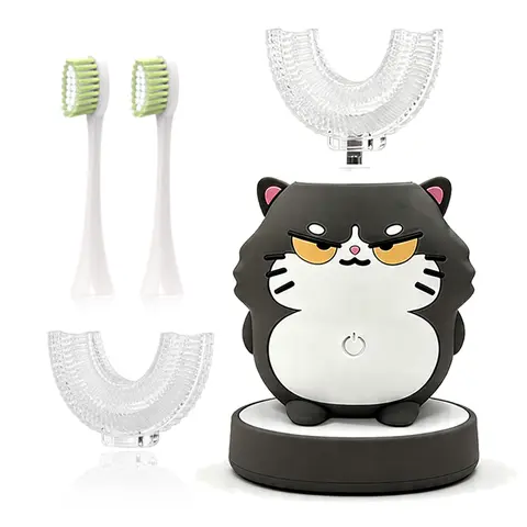Kids U-Shaped Head Rechargeable Sonic Electric Toothbrush (3-8 Years) - Teeth Cleaning Tool, 4 Soft Bristle Heads, Cute Animal Silicone Design, Timer, Sensitive Gum Care, Toddler-Friendly, Builds Daily Brushing Habits (Pink & Blue)
