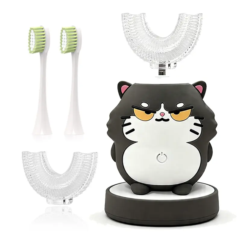Kids U-Shaped Electric Toothbrush | 4 Brush Heads | Sonic Toothbrush for Children Ages 3-8 | Soft Bristles for Sensitive Gums | Cute Animal Design | Rechargeable Battery | Teeth Cleaning | Oral Care | Easy for Toddlers | Pink & Blue Silicone