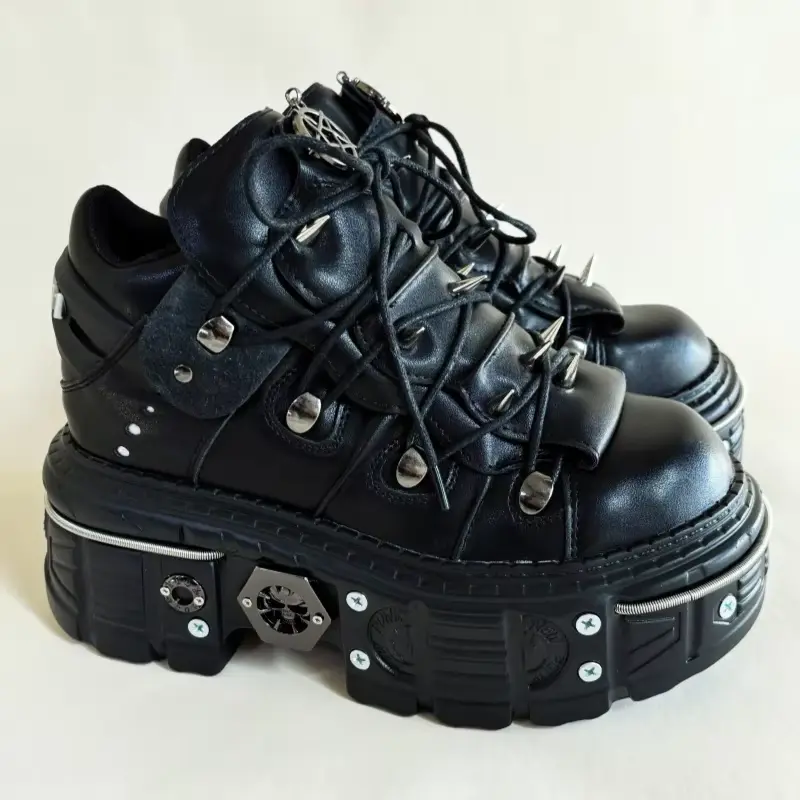Women's Gothic Punk Platform Sneakers, Rivet Decorated Black Training Footwear for Casual Days and Bold Style, Thick Platform Adds Instant Height