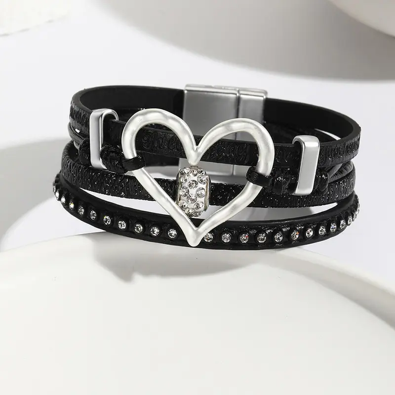 Vintage Multi-layer Heart Decor PU Leather Bracelet, Heart Shaped Bracelet, Heart Charm Bracelet, Bracelet With Charms, Fashion Jewelry for Party, Daily Clothing Decor, Trendy All-match & Exquisite Jewelry for Birthday Gift, Bracelets Jewelry