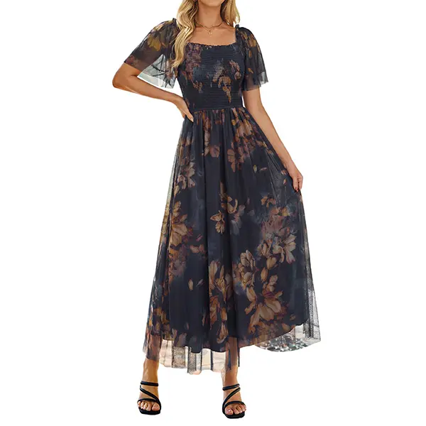Simplee Floral Mesh Maxi Dress | Elegant Square Neck Smocked Casual Long Dress | Flowy Summer Wedding Guest Dress