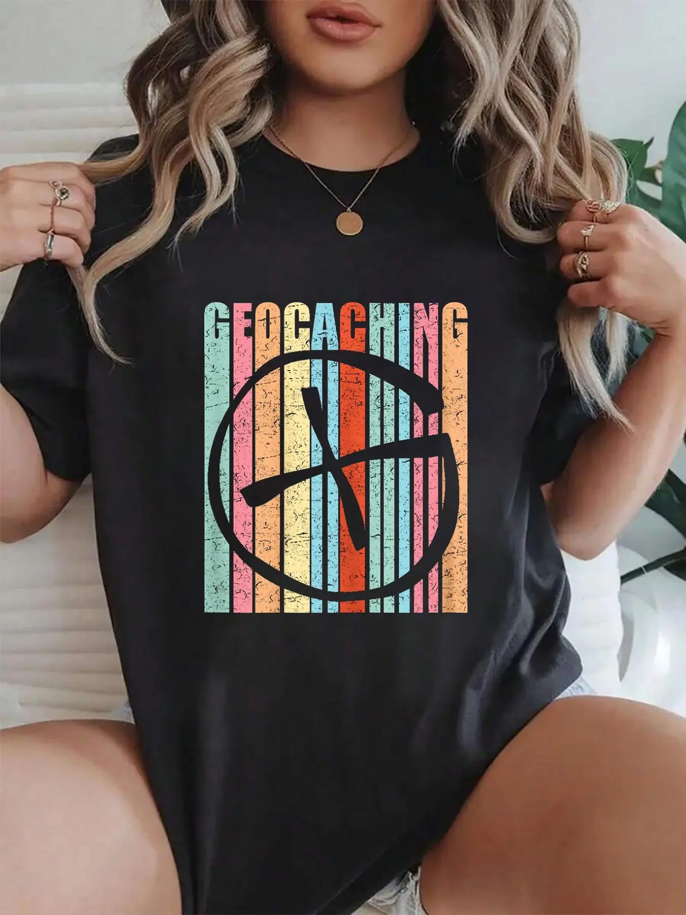 100% cotton Geocaching Shirt Funny Geocaching Vintage Distressed Gift T-Shirt Women Graphic T-Shirt Cotton Print short Sleeve Casual Top, Summer Tee Womens Tops