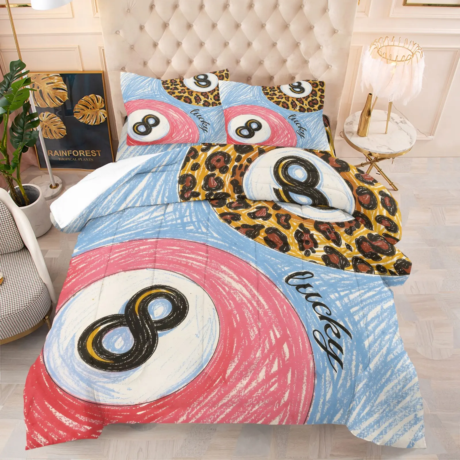 Y2K 8 Ball Print Quilted Comforter Set, 1 Quilt & 1 or 2 Pillowcase, Ultra-Soft Microfiber Bedding, Bold Leopard & Crayon 8 Ball Pattern, Durable for Standard & Queen Beds, All Season Bedding for Trendy Themed Rooms
