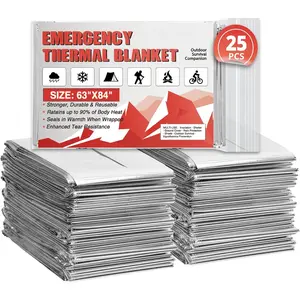 Survival Emergency Thermal Blankets: 25 Pack Extra Large 84" x63" Space Mylar Blanket Kit for Outdoor Cold Winter Camping Hiking Car Bug Out Bag or First Aid