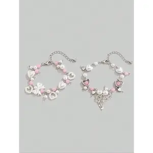 Cute Sweetheart Bow Pendant Imitation Pearl Pretty Bracelet Set, Faux Pearl Jewelry, 2 Pieces for Friends Couples, Perfect Valentine's Day Gift
