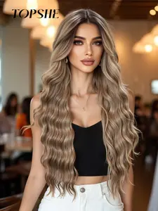 Topshe 30-Inch Long Wavy Wig with Highlights and Dark Root, Heat-Resistant Transparent Lace Front, High-Quality Fiber, Synthetic Wavy Wig