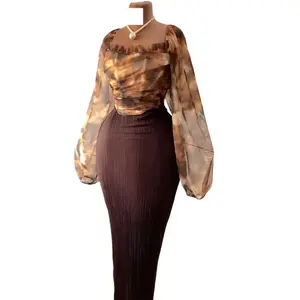 summer spring clothes Fashion Elegant Mesh Printed Women Set Street Tops + High Waist Long Skirts Suits Party Birthday Two 2 Piece Sets Dress Chic Light Womenswear Check Gamis Basic