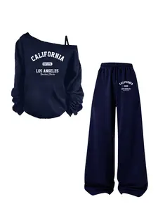 Spring Summer Casual Loose California Graphic Print Long Sleeve T-Shirt with Drawstring Wide Leg Pants, Stylish for Young Adults