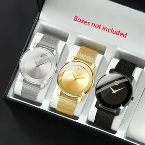 Men's Watch Set of 3 - Round Alloy Case Quartz Wrist Watches with Mesh Band, Business Fashion