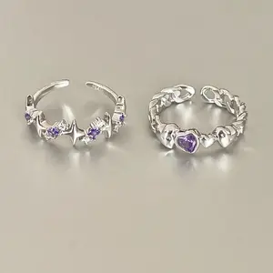 2024 Kpop Pink Zircon Heart Open Ring for Women Girls Luxury Star Heart Couple Finger Rings Wedding Y2K Party Jewelry Gift