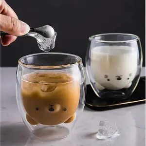 Creative Cute Bear Double-layer Coffee Mug Double Glass Cup Carton Animal Milk Glass Lady Cute Cat Duck Dog Gift Christmas Gift Drinkware Tumblers