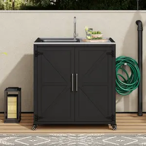Outdoor Movable Kitchen Sink Patio Modular Kitchen Sink Station with Cabinet for Garden, Patio, Backyard, Matte Black