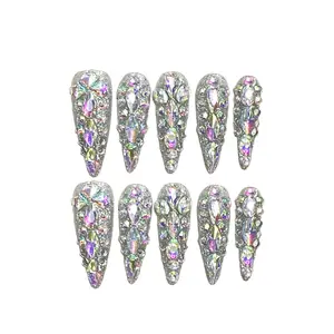 Sparkling Silver Long Stiletto Press On Nails Embellished with Iridescent Rhinestones, 10PCS Handmade Reusable Acrylic Fake Nails for a Glamorous Look