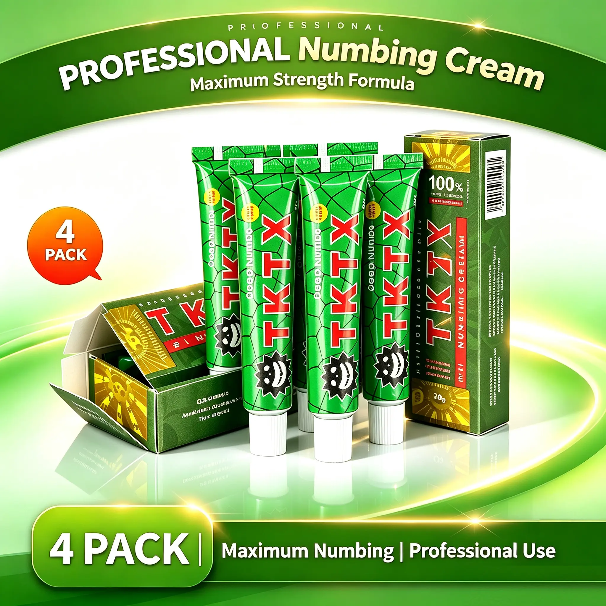 4 Pack TKTX Numbing Cream | 100% Max Strength Painless Tattoo Cream 10g Each, Long Lasting Numbing Cream for Tattoo, Microblading, Piercing & Cosmetic Use