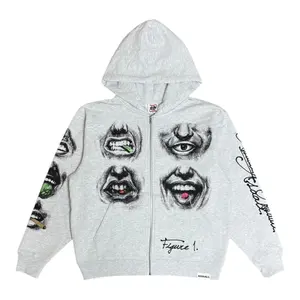 Asaaali Grunge Face Graphic Zip Hoodie – Y2K Streetwear Oversized Full Zip Hoodie