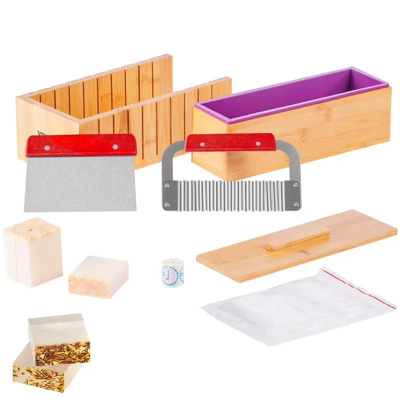 Beginner's Soap Making Kit with Soap Making Tools for Home - Antibacterial 304 Stainless Steel 2 Slicers (Straight & Wavy, 1-Inch Precise Cutting), Bamboo Cutting Box with Inner Box, Silicone Molds, 100 Bags, 105 Stickers (TikTokShopBlackFriday), 2 Stainl