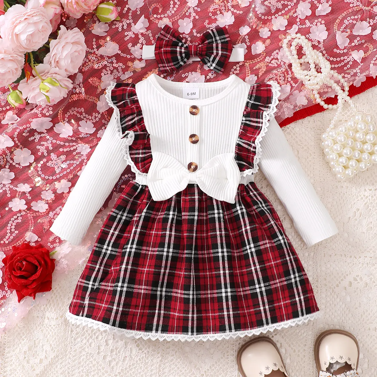 Red Plaid Princess Dress and Bow Headband Set — Your Baby’s Cutest Holiday Outfit. Soft, Ruffled, and Perfect for Photoshoots