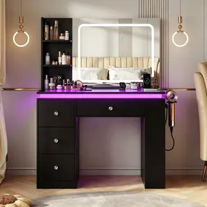 Vanity Table with LED Mirror & RGB Ambient Lights, Built-in Power Outlet, Hair Dryer Stand and Ample Storage Drawers