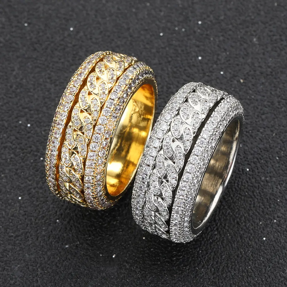 Men's Spinner Fidget Rings 5A+ CubicZirconia Chain Rotation Ring for Men MotorcycleBiker Bicycle Chain Ring Cool Punk Rock BandsMale Boys Jewelry Gifts for His US Size 7-11
