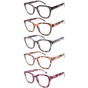 5-Piece Printed Style Anti-Blue Light Reading Glasses For Women Rectangular Frames With Spring Hinges Ideal For Daily Wear, Outings, And Work