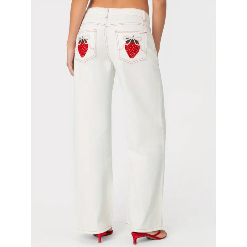 Women's Strawberry Embroidered Mid-Waist Cotton Blend Denim Jeans - Casual Wide-Leg Clothes with Seam Pockets, Contrast Stitching, Plain Fabric, Dry Clean