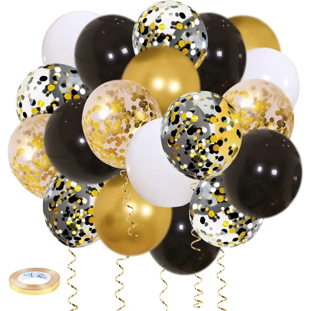 12-In Metallic Black Gold Confetti Balloons Kit, 50-Pack with Ribbons, White Confetti Balloons for Birthday, Wedding Party Decorations, Photo Backdrop Supplies