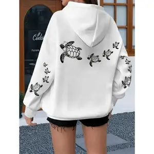 Women's Plus Size Oversized Hoodie with Sea Turtle Print - Pink & White Casual Pullover Sweatshirt, Kangaroo Pocket & Drawstring Hood, Machine Washable All-Season Comfort, Relaxed Fit Apparel, Soft Fabric Construction