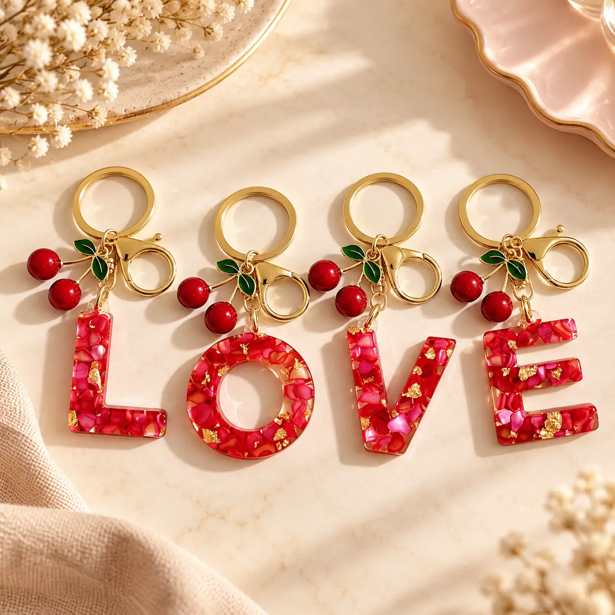 A-Z Resin Initial Letter Keychain with Cute Cherry Accents, Alphabet Bag Charm for Purses, Backpacks & Car Keys, Cute Gift for Women and Girls