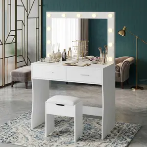 Modern Makeup Vanity Desk with Light Up Mirror and Cushioned Chair, Vanity Table with Ample Storage Drawers and Display Shelves, Bedroom Beauty Dressing Vanity Furniture