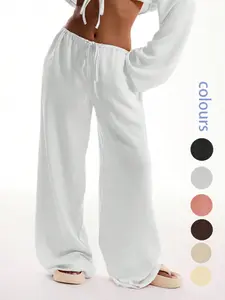 Women's Front Tie Linen-Feel Beach Pants, Loose Fit Wide Leg Casual Trousers, Elastic Waist Drawstring Adjustable Design, Summer Comfortable Style