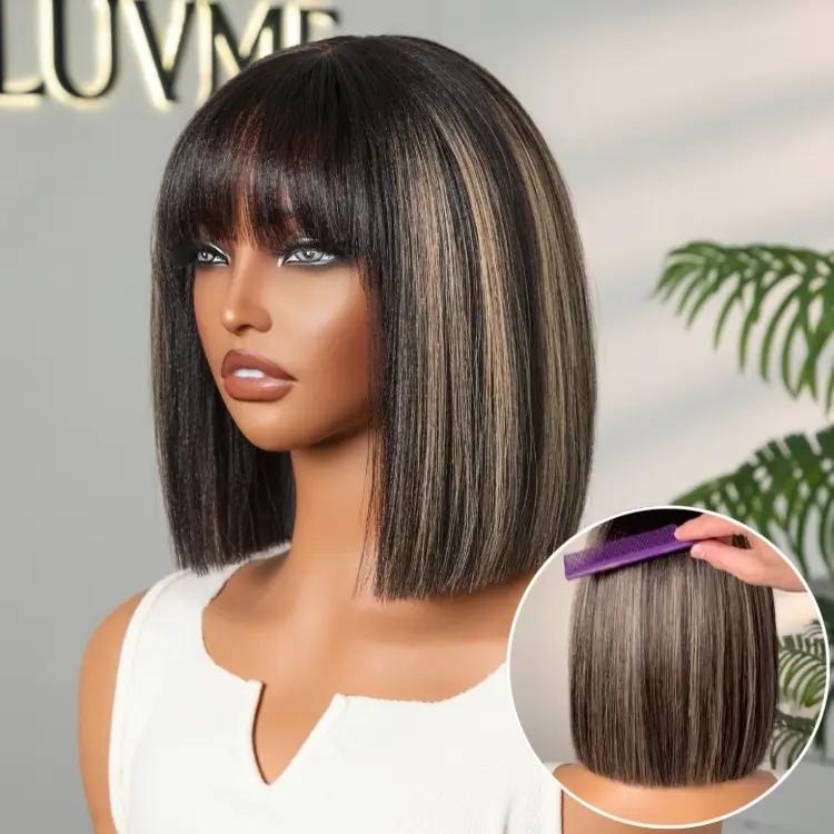 Put On And Go Reddish Purple Layered Cut Yaki Straight Minimalist Lace Bob Wig With Bangs 100% Human Hair