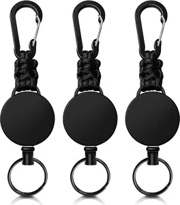 Retractable  3 Pack Heavy Duty Carabiner Badge Holder Extendable Badge Reel ID Holder Key Ring with 60 cm Steel Retractable Cord and Paracord
