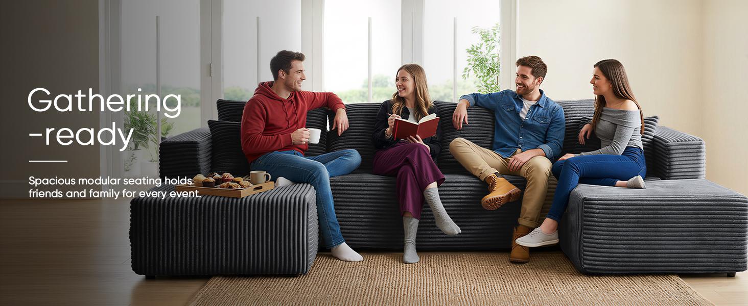 ModMood Compress Sofa Sectional 133x70" Oversized Corduroy Cloud Couch U-Shaped Modular Set with Chaise Ottoman 7 Pillows No Assembly Required Soft Plush Modern Modular Living Room Essential
