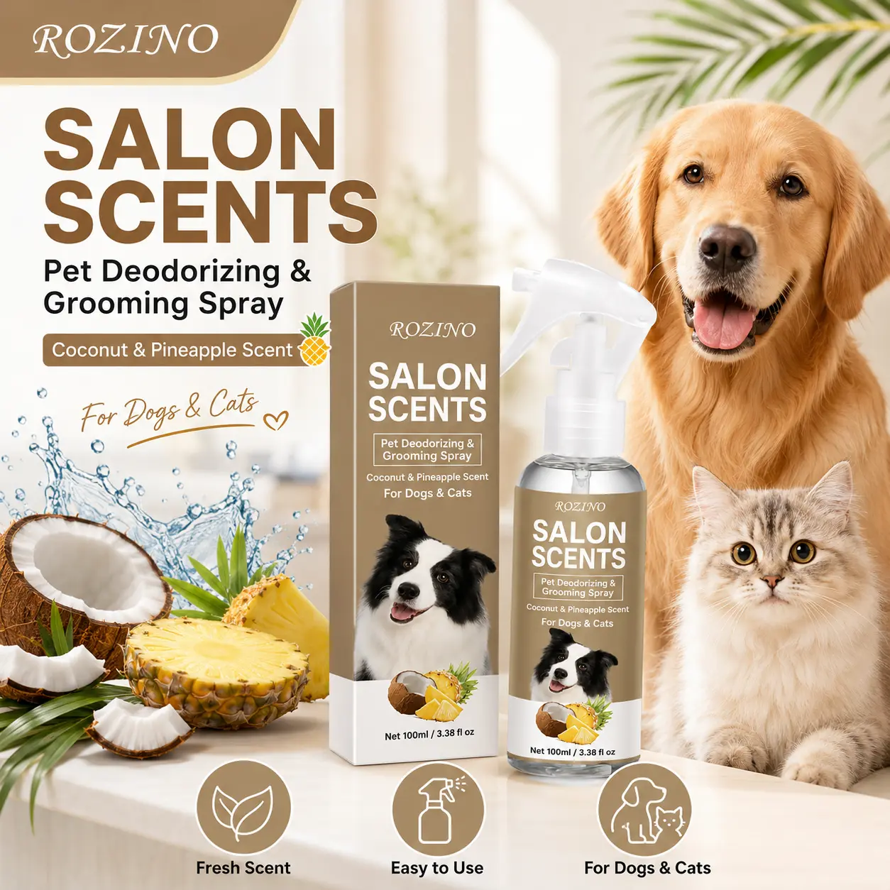 ROZINO Salon-Scented Pet Deodorizing Grooming Spray, Coconut & Pineapple Tropical Scent, Clean Lightweight Odor Control Coat Care for Dogs & Cats, 100ml After Walks Refresher, Fresher Fur