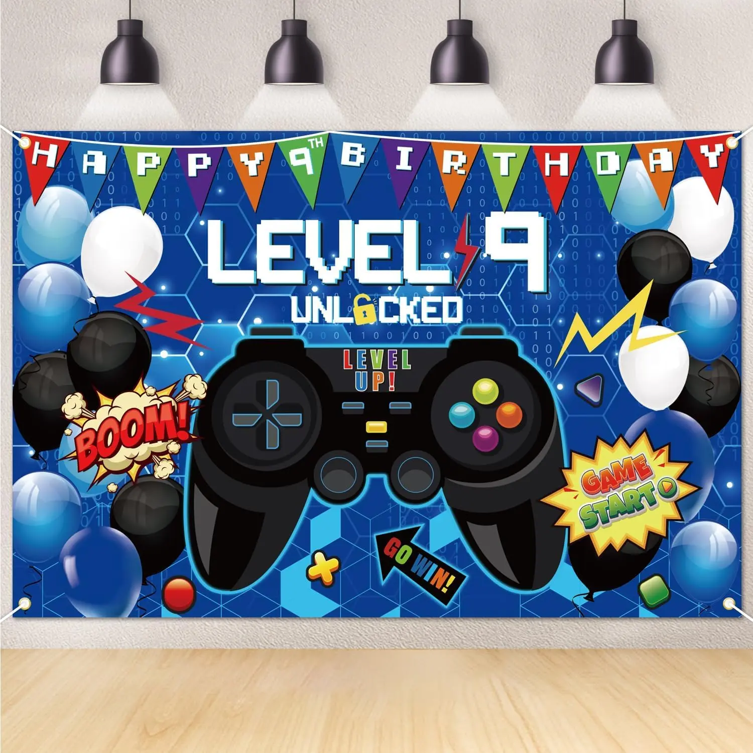 6x4 Ft 9th Video  Backdrop, 9th Birthday Decorations for Boy Level Up 9th Video  Party Decorations Gaming Background Photo Props Blue Birthday Party Supplies for Boys Bday